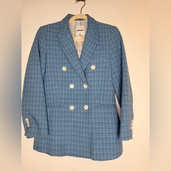 SANDRO Paris Blue Tweed Double Breasted Blazer Size 36 US 4/Small - Picture 6 of 16